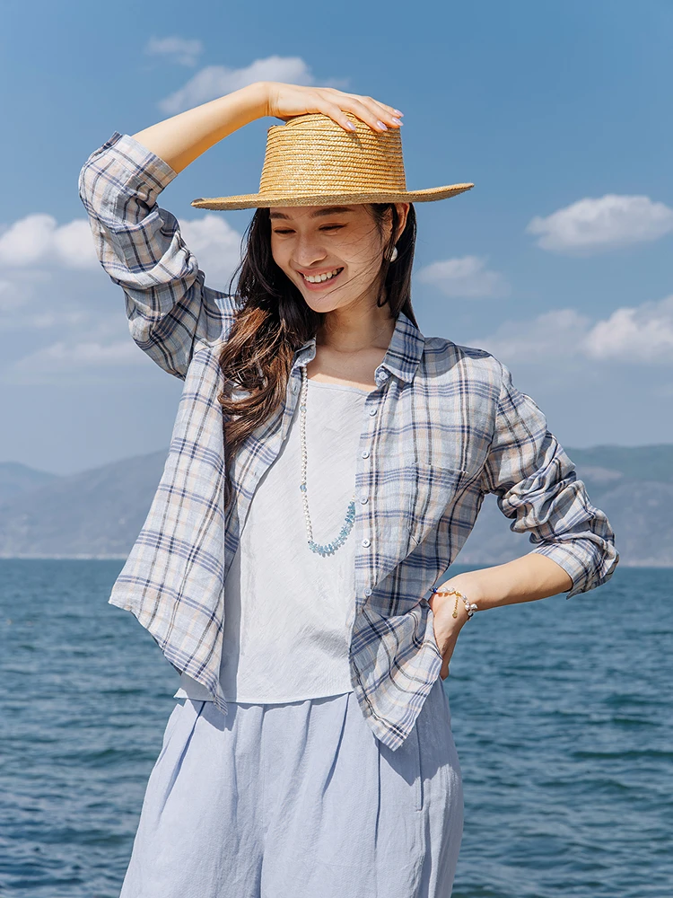 Blue Series Pure Linen Color Weave Shirt 274 Blooming Slim Fit Long Sleeve Shoulder Length Vacation Sun Protection Casual Shirt