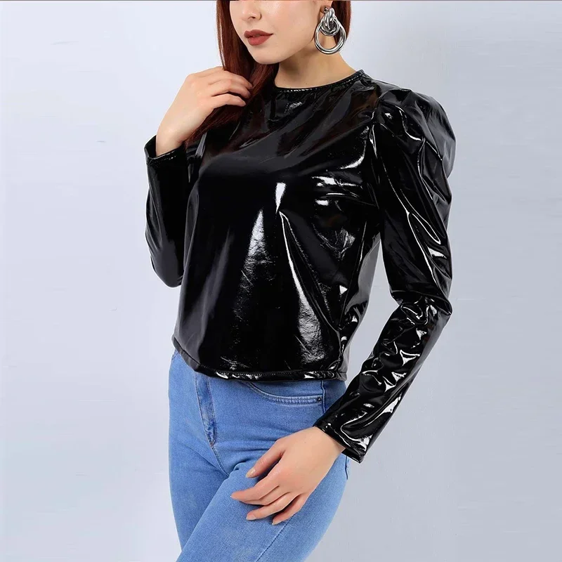 Shiny Patent Leather Round Neck Jacket Women Long Sleeve Short Coats Back Zip Pullover Ladies PVC Leather Coats Clubwear Custom