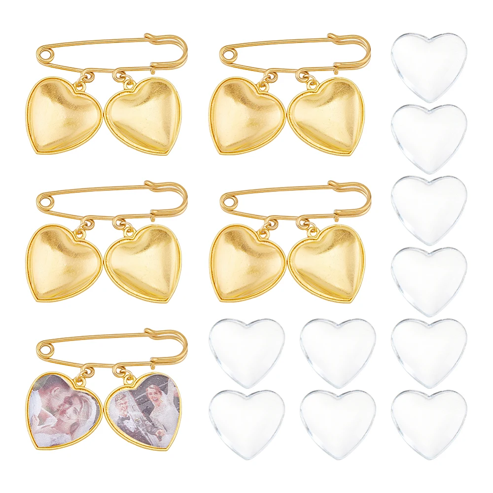 5 Set Wedding Bouquet Photo Charm Gold Bridal Brooches Pins DIY Pin Brooch Making Kit Alloy Double Heart Style Pendant Memorial