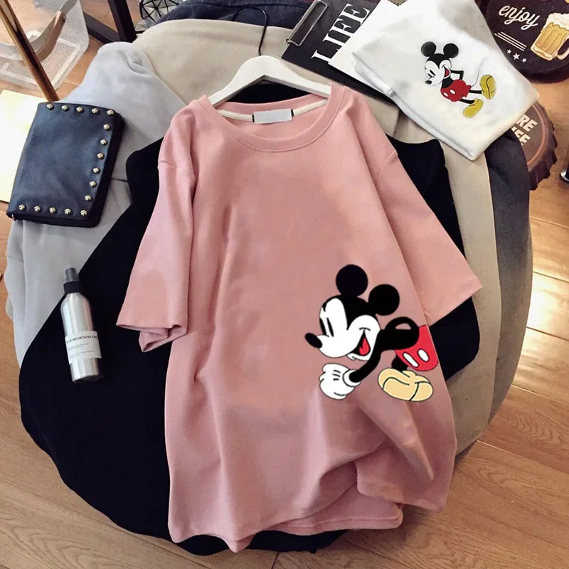 Girl Mickey T-shirt Summer Cartoon Mid-length Short-sleeved T-shirt Women\'s New Mickey Loose Large Size Half-sleeve Disney Top