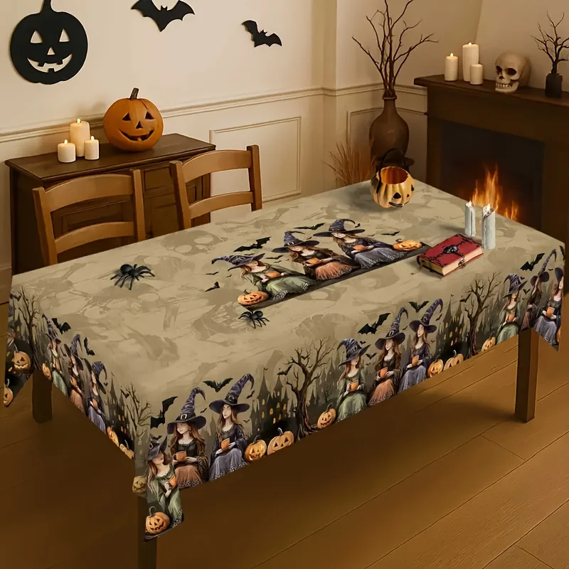 One Gothic-style witch castle tablecloth, featuring brown skulls, wizard hats and pumpkin patternszyc