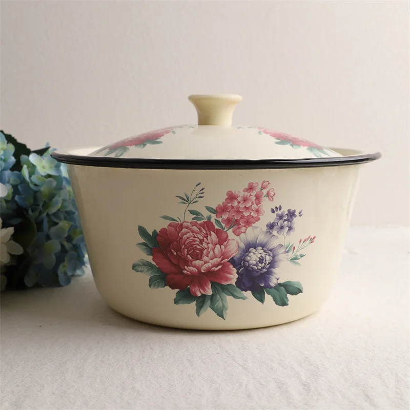 

Lidded Thickened Peony Salad Soup Bowl Enamel Fruit Basin