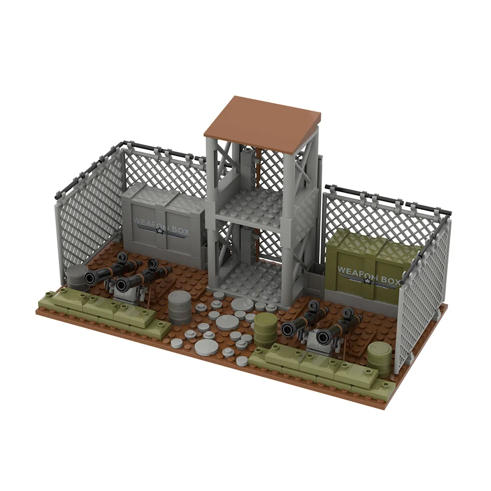 Конструктор MOC: Военная база-наблюдательная вышка, крепость из мешков с песком, защитная сетка, казармы. Совместим с LEGO.