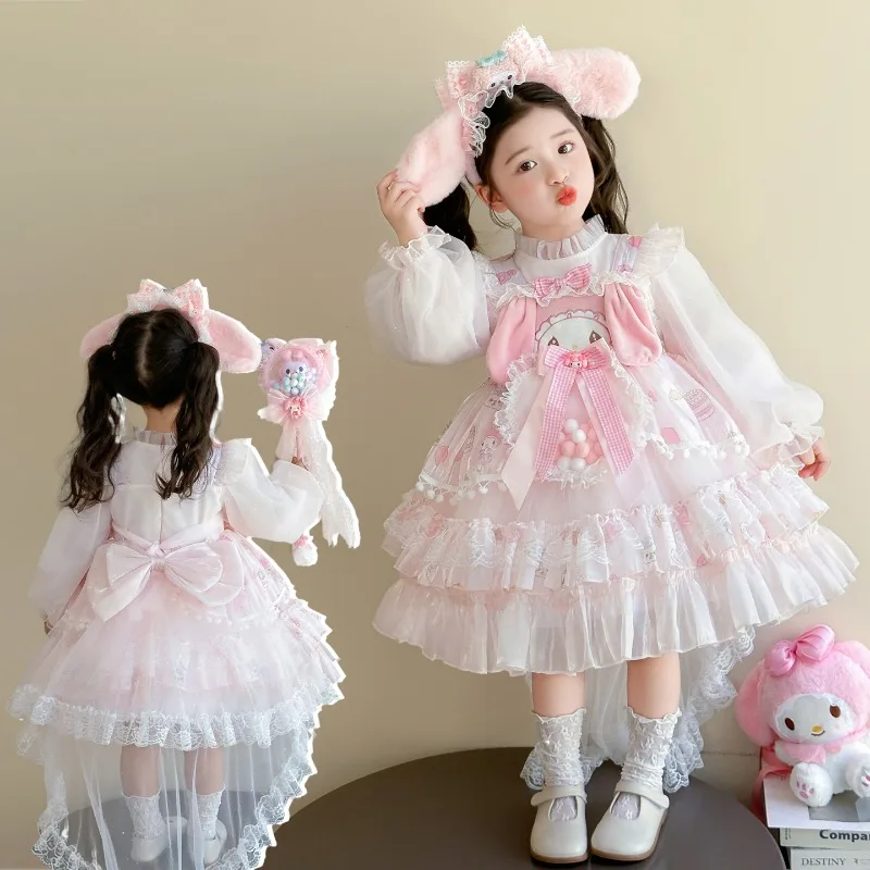 

Kids Girls My Melody Kawaii Lolita My Melo Pink Cute Princess Cake Dress with Lace Headwear Walking Stick Birthday Party Gown