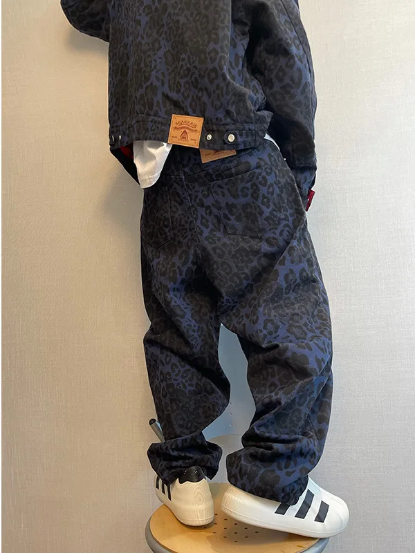 

Y2k Leopard Pants Wide Leg Loose Fit Jeans Hip Hop Vintage Baggy Trousers Retro Blue Leopard Print Curved Hem Pants for Men