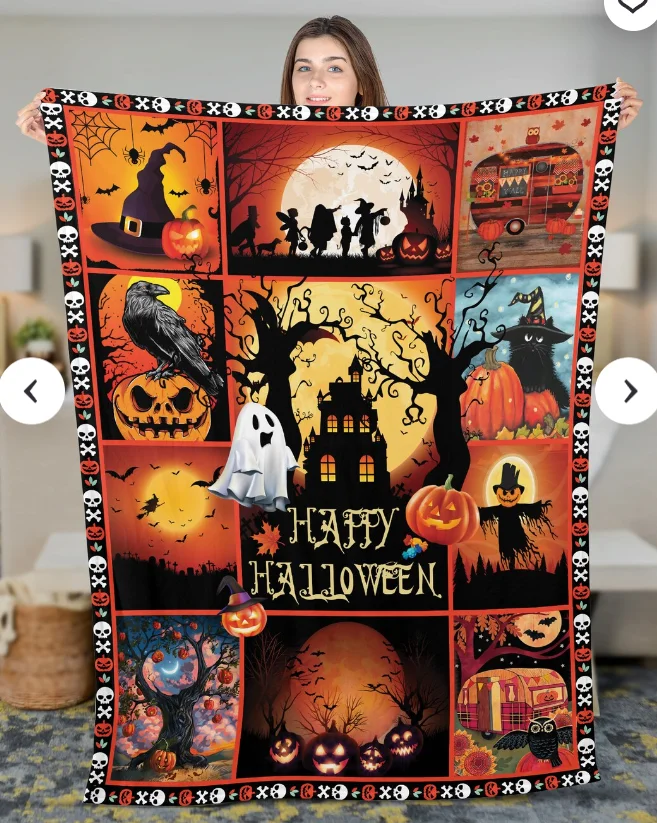 Vintage Halloween Throw Blanket Spooky Jack-o'-lantern, Ghost, Bat & Owl Blanket