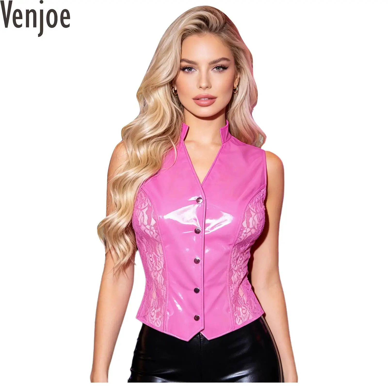 

Womens Glossy Waistcoat Tank Top PU Leather Corset Vest Top Sheer Floral Lace at Sides V Neck Button-down Blouse Gothic Clubwear
