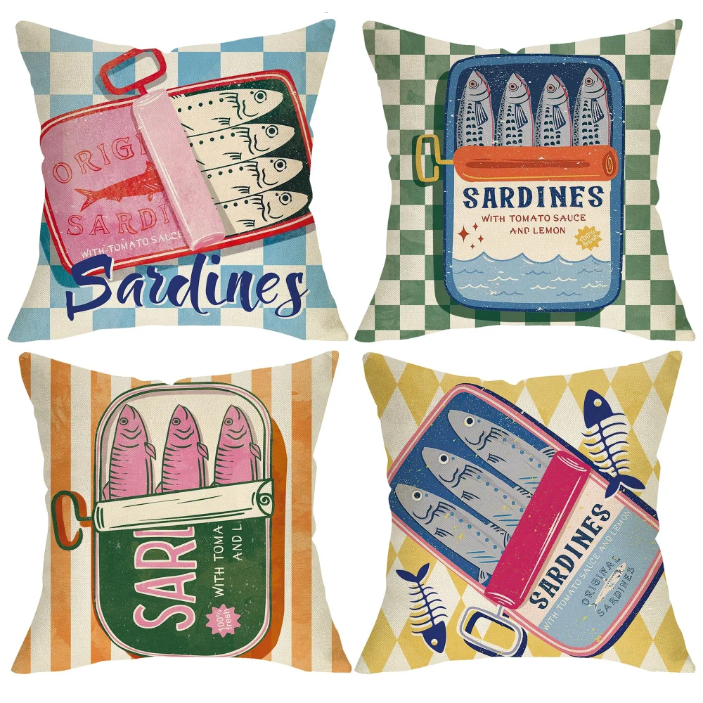 VIKAMA Sardine Canned Food Decorative Throw Cushion Set for Living Room Sofa Cushion Cover with Invisible Zipper Home Decor