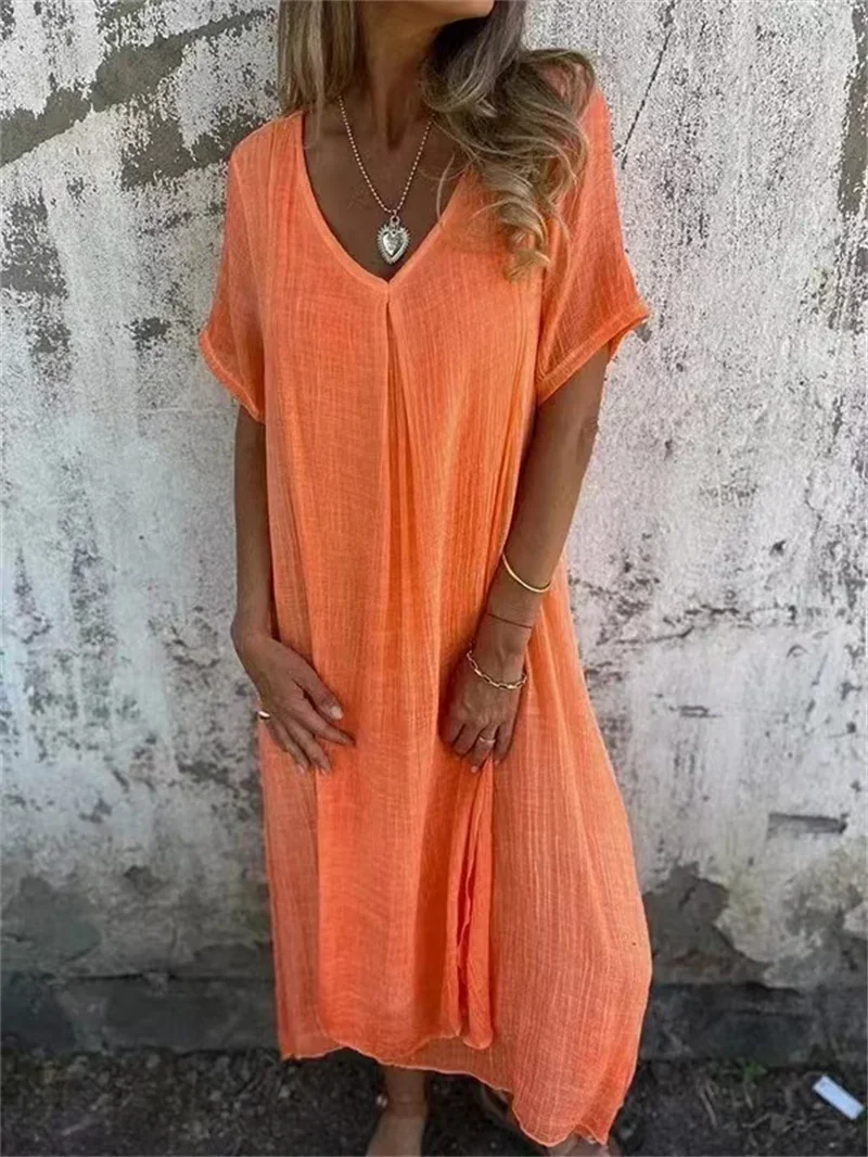Women Solid Color Cotton Linen Loose V-neck Dresses Fashion Elegant Commuter Dress Female Casual Short Sleeve Princess Gown 2024