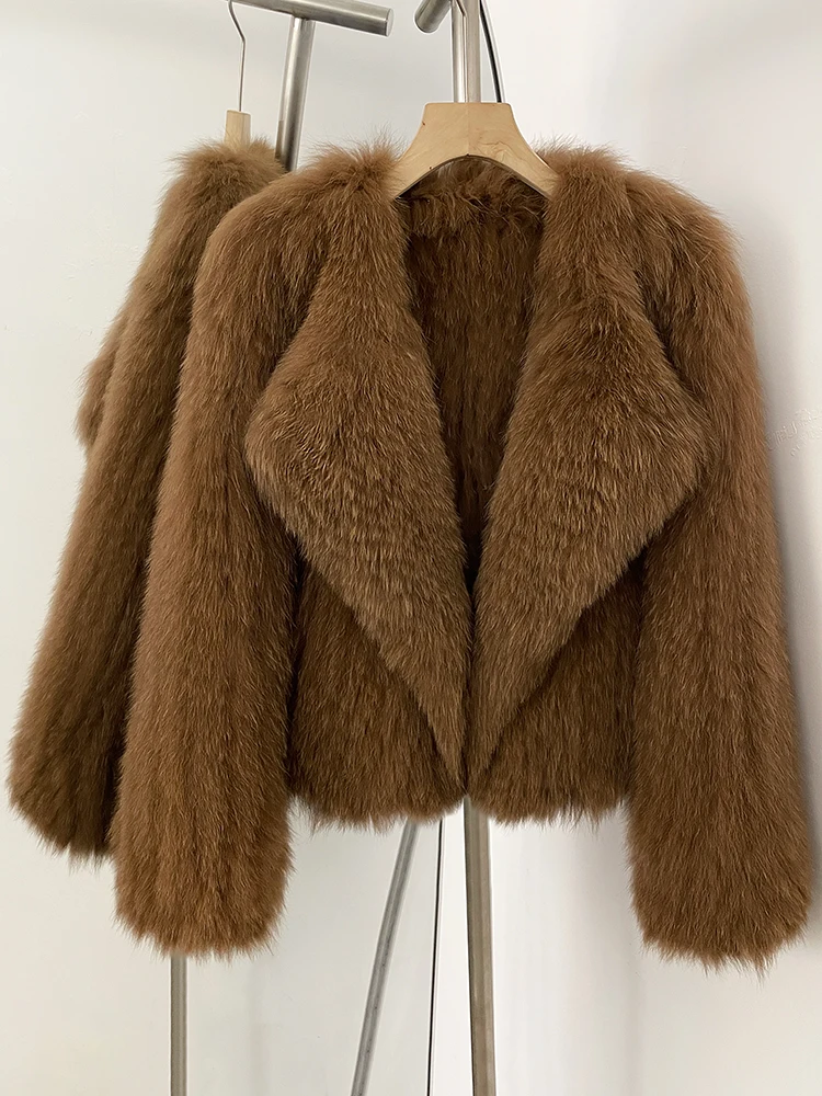 سترة نسائية فاخرة قصيرة من فرو الثعلب الطبيعي 2025 جديد لخريف وشتاء ملابس علوية دافئة معطف نسائي سميك منفوش من الفرو الحقيقي #2