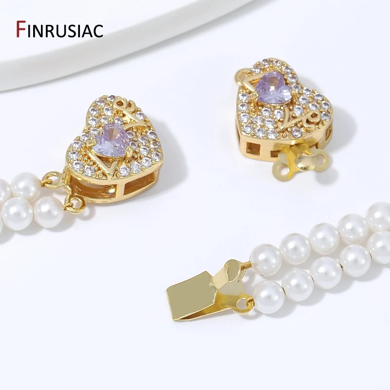 18K Gold Plated Brass Heart Insert Clasps,Zircon Box Connector Lock For Pearl Necklace Bracelet DIY Jewelry Making Findings