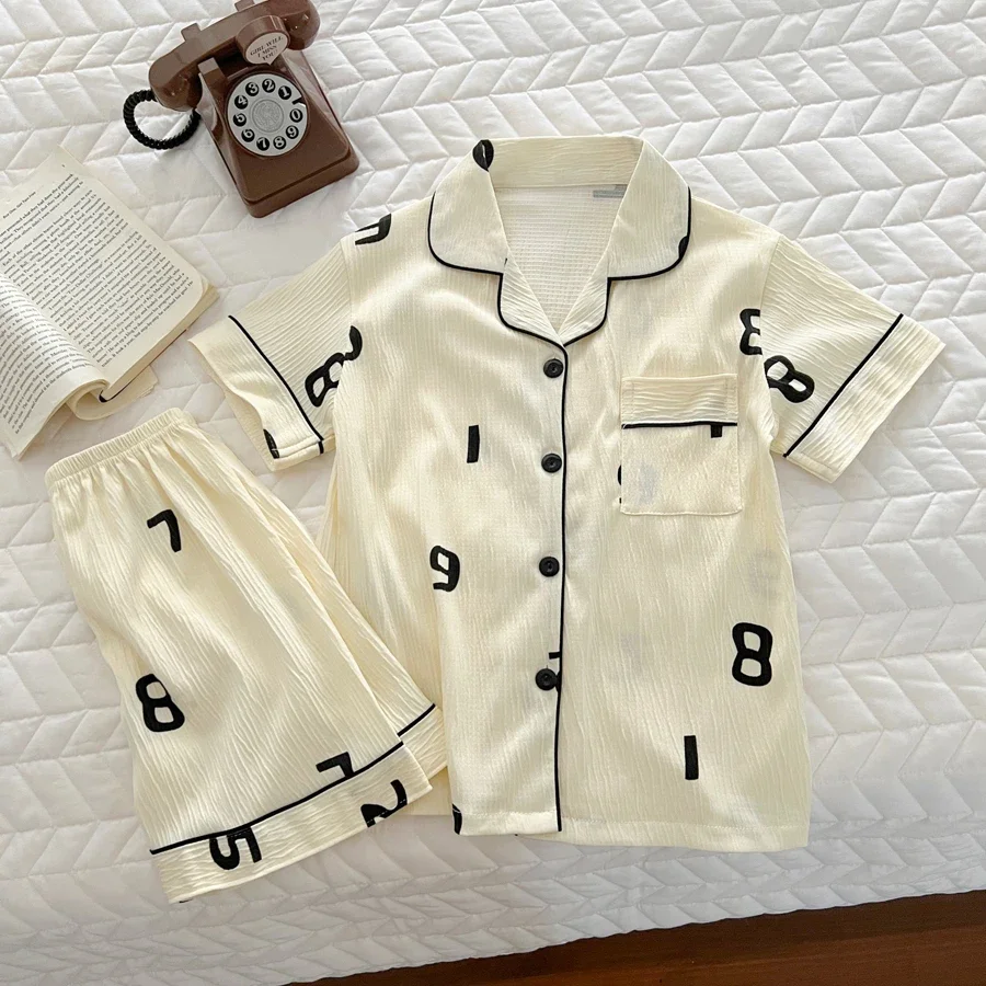 

Kids Boys Girls Pajamas Summer Autumn Thin Cotton Linen Cartoon Short Sleeve Tops with Pants Baby Sleeping Clothing Sets