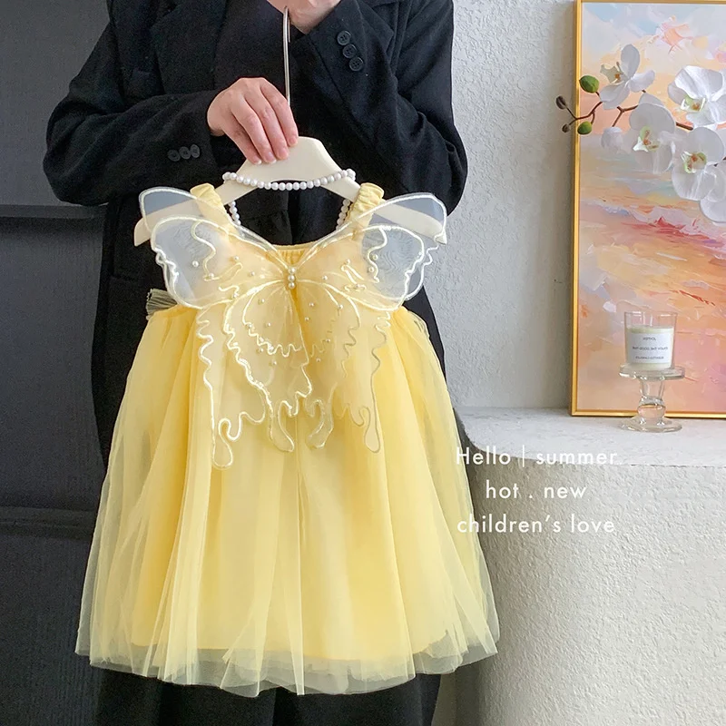 Girls Mesh Dresses 2026 New Fashion Summer Princess Butterfly Tulle Gown Kids Sweet Sleeveless Vestidos Children Casual Clothing 3