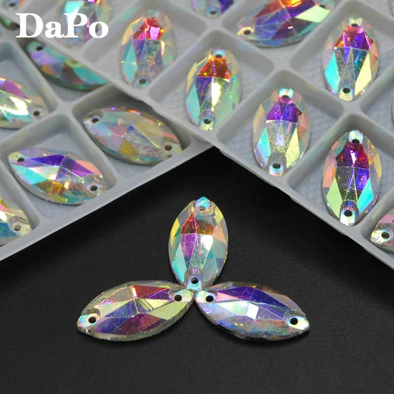 Sell like hot cakes 5x10mm,6x12mm,7x15mm,9x18mm,13x22mm,15x31mm horse eye Flatback Sewing Crystal AB Color 2 holes