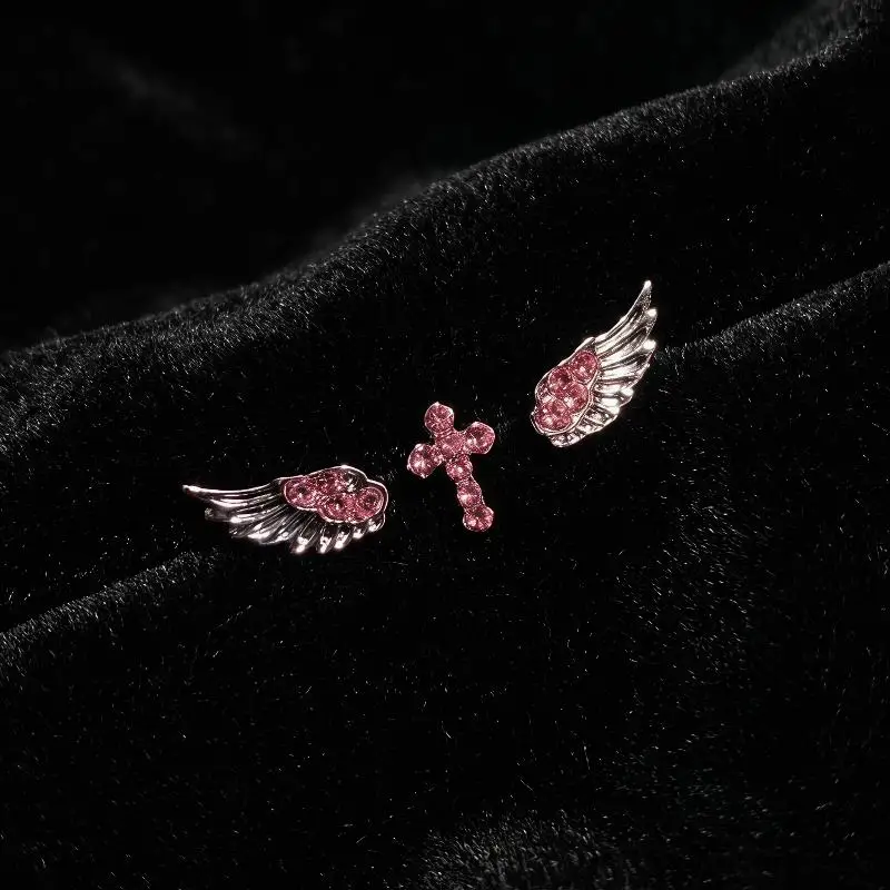 3/4Pcs Vintage Punk Pink Zircon Wing Cross Star Earrings Set Minimalist Ear Piercing Ear Cartilage Piercing Jewelry Accessories