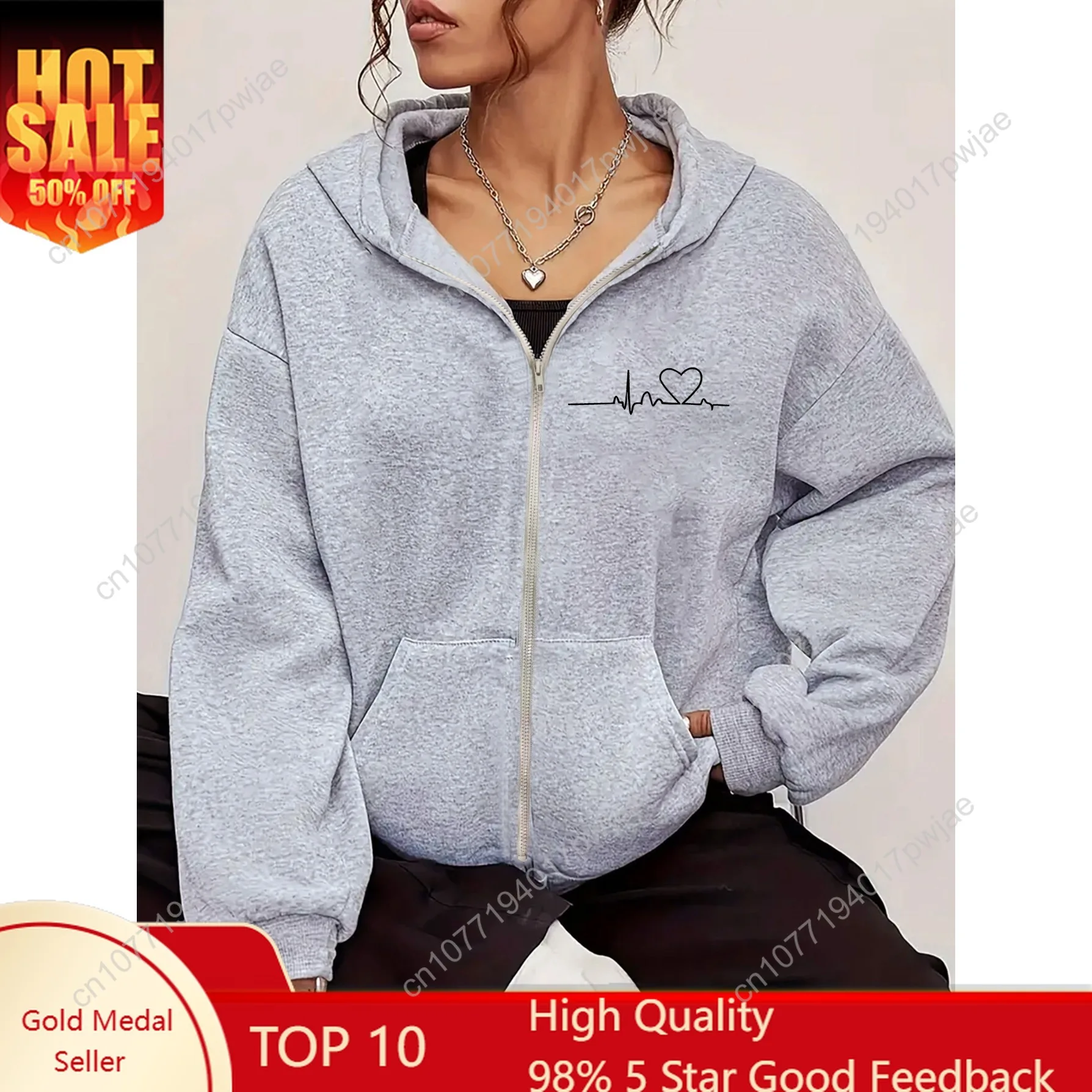 Elegante felpa con cappuccio da donna con cerniera e design Heartbeat Line: pullover casual per tutte le stagioni, vestibilità comoda, felpa con cappuccio con cerniera | Casual S