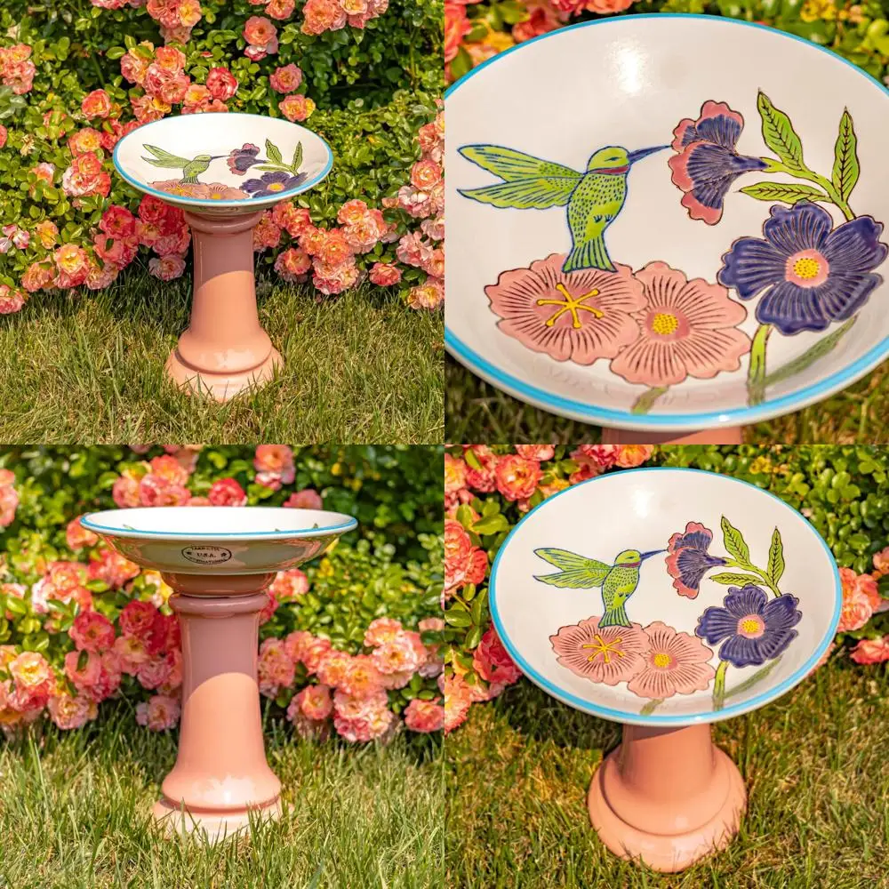

"Zaer Ltd. Handcrafted Porcelain Birdbath with 15-Inch Height, Decorated with Flowers and Hummingbird"