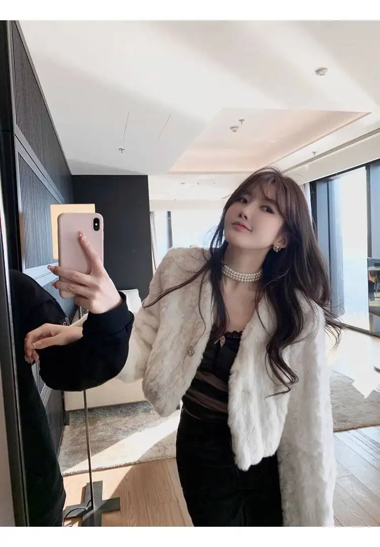 Chic V Neck Cropped Faux Rabbit Fur Jacket Women Elegant Single Button Plush Coats Woman Autumn Winter Fluffy Fleece Outerwear