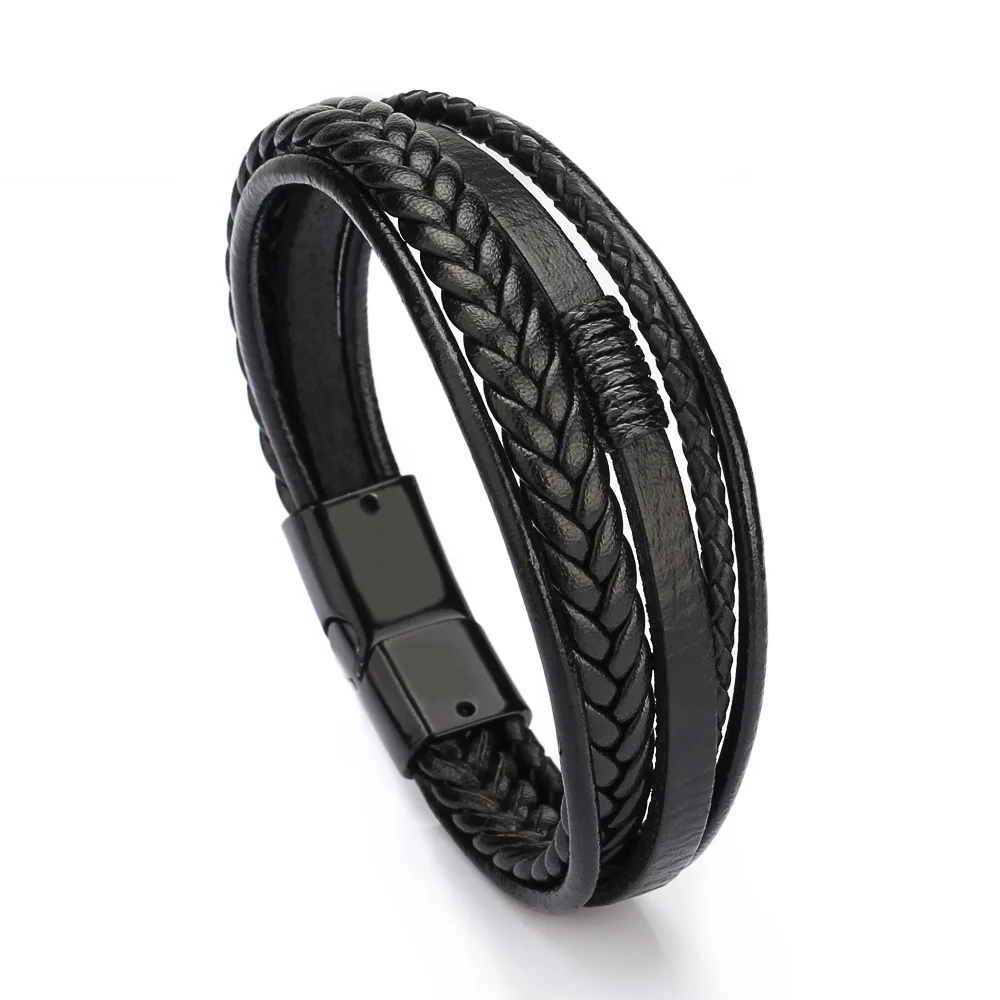 Wholesale Multilayer Leather Rope Wrap Hand Weaving Bracelet Braided Magnetic Buckle Stainless Steel Bracelets for Men Jewelry