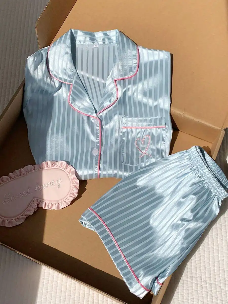 Satin Striped Pajama Set With Heart Embroidery And Contrast Binding