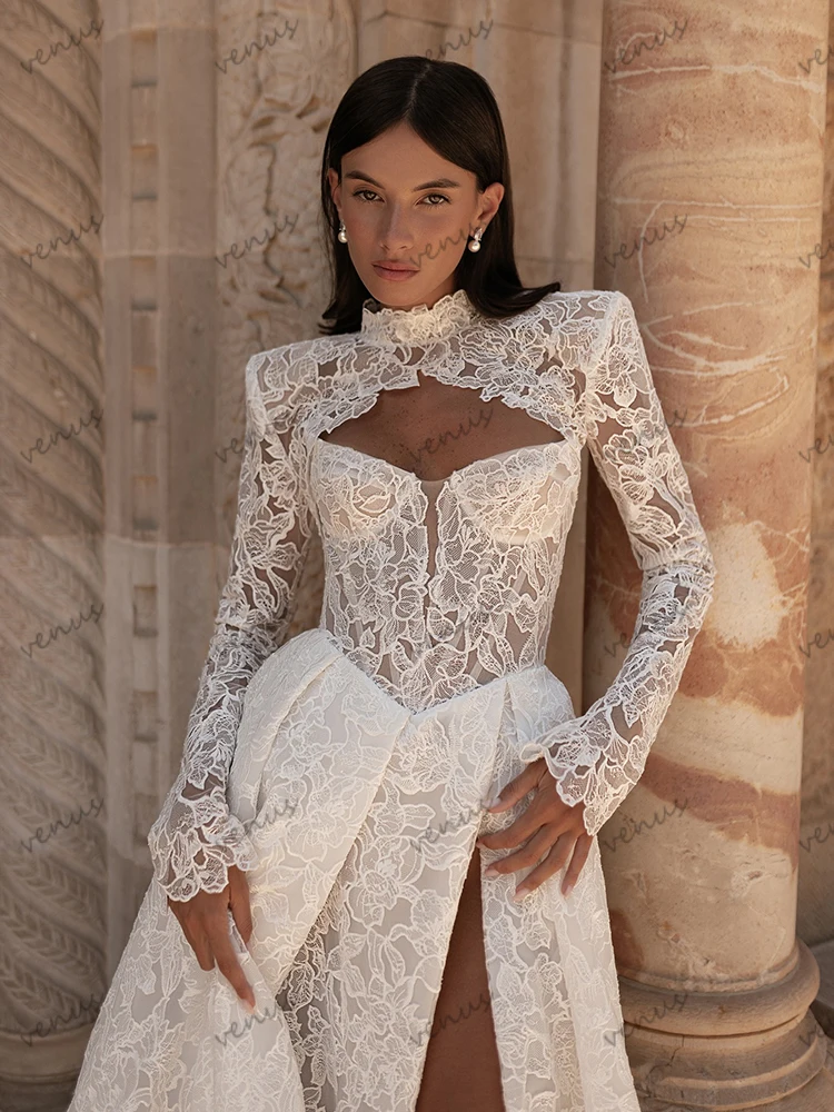 فساتين زفاف براقة ألف خط زي العرائس الفاخرة مثير عالية الشق الجلباب كامل الأكمام سترة Vestidos De Novia مخصصة 2025