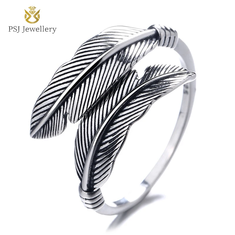 

PSJ Fashion Vintage Style Hip-hop Feather Design Adjustable Ancient 925 Sterling Silver Rings for Women Wedding