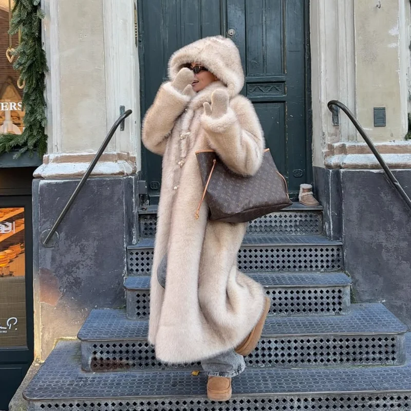 

Женское модное длинное пальто с капюшоном из искусственного меха, зимнее однорядное пальто с длинным рукавом и пряжкой из коровьего рога, шикарное однотонное теплое толстое пальто
