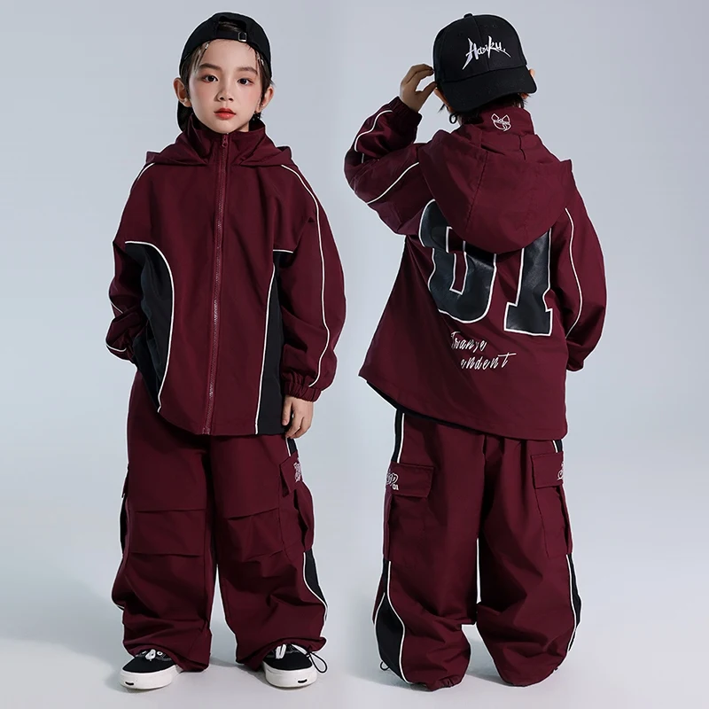 

Kids Hip Hop Dance Costume Boys Street Dance Clothing Baggy Cota Pants Burgundy Suit Girls Jazz Practice Performance Wear