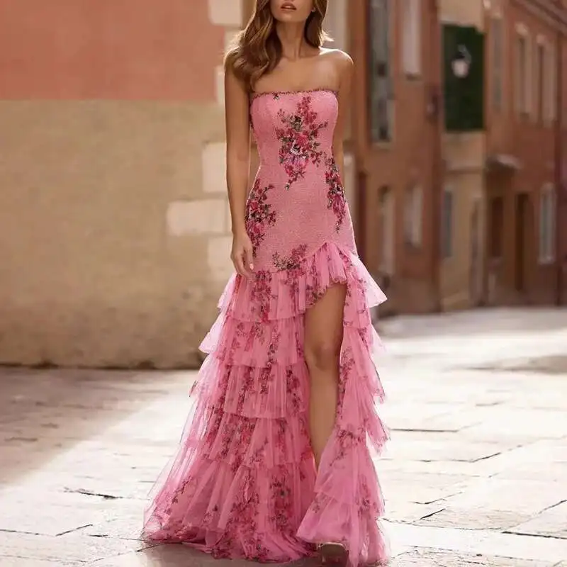 Mesh Patchwork Split Women's Long Elegant Backless Slim Fit Party Dresses Ladies Sexy Strapless Floral Print Evening Dress