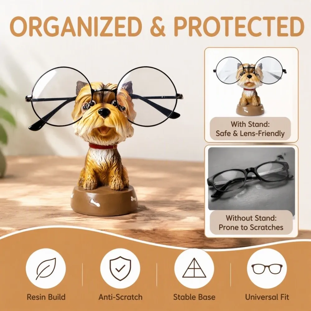 Animal Shaped Design Dog Figurines Glasses Holder Desktop Use Type Yellow Eyeglasses Display Stand Desktop Ornament Decor