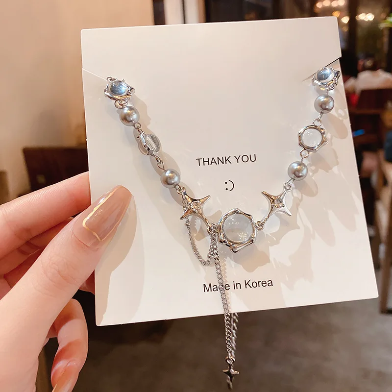 Funkelnde Mondlicht-Stein-Anhänger-Halskette für Frauen, Sternenlicht, unregelmäßige lange Quastenkette, Halsreifen, Accessoires, Modeschmuck – Detail 11