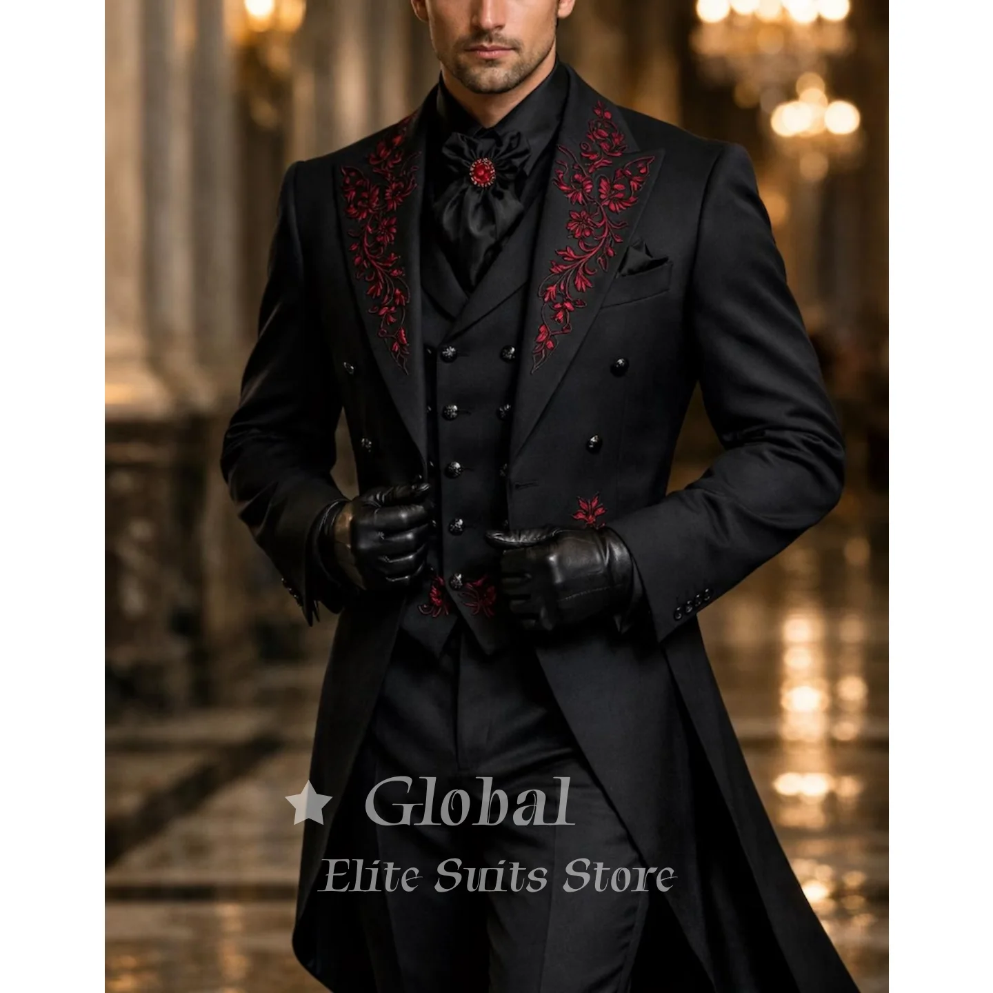 Black Tailcoat Tuxedo 3-Piece Suit Red Floral Embroidery Double-Breasted Vest Groom Wedding Prom Blazers Homme Customized