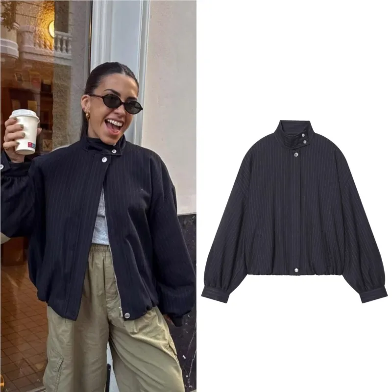 

Pinstripe Bomber Jacket Autumn Women's Casual High Collar Long Sleeve Simple Jackets Loose With Pockets Chic Female Tops