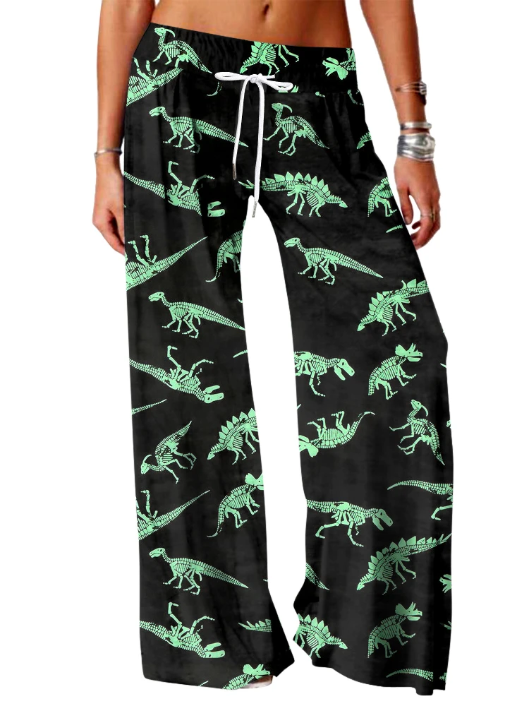 Pantalon large imprimé dinosaure pleine longueur, jogging décontracté hipster, streetwear d'été, vêtements pour femmes