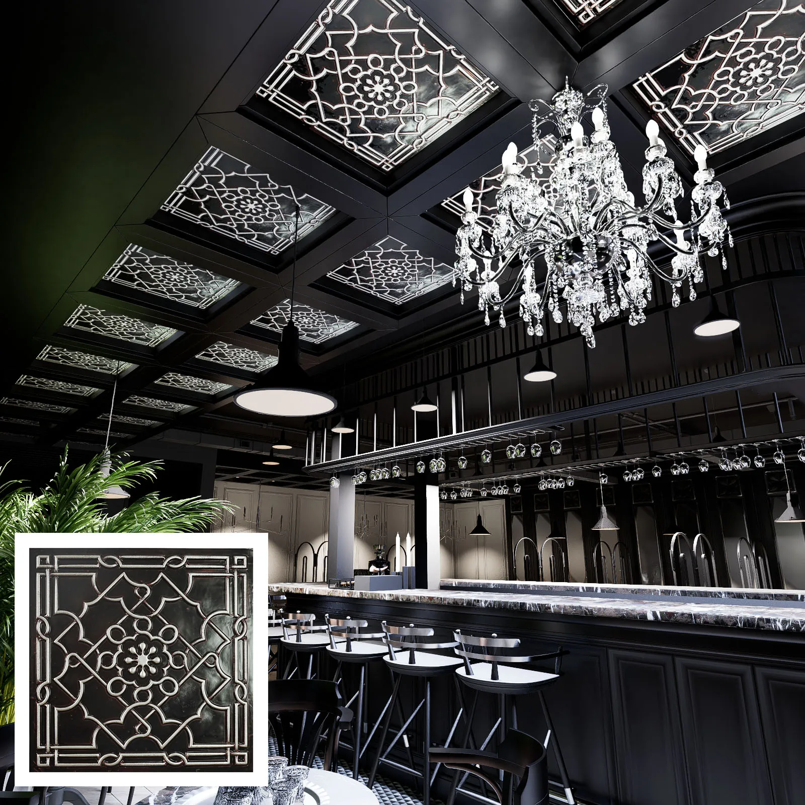 10Pcs Faux Tin Painting Ceiling Tiles PVC 3D Embossed Wall Panels for Cafe Club Decor PL09 Traditional silver PAINTSDECOR