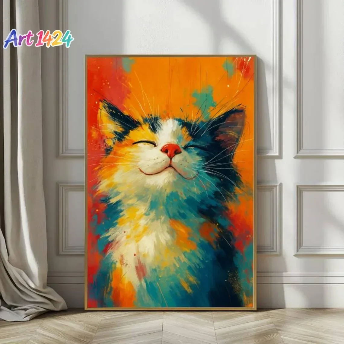 Colorful Cat Wall Art Canvas, Vibrant Cat Painting, Abstract Animal Print, Modern Pet Portrait, Happy Cat Artwork, Bright Hom