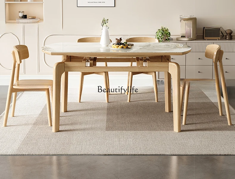 

Solid wood log Nordic wind rock slab dining table retractable folding square and round dual-purpose household