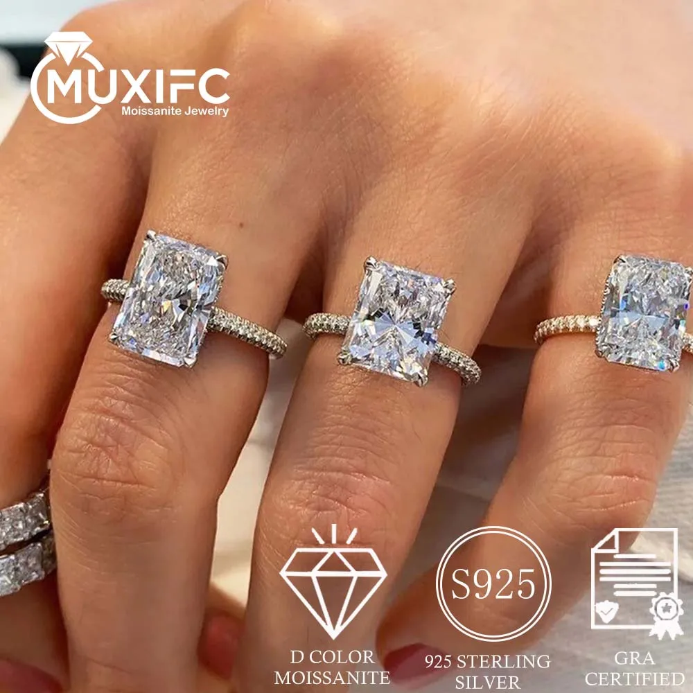 

10ct Radiant/Emerald Cut Moissanite Rings GRA Certified 925 Sterling Silver Women's Wedding Band Diamond Engagement Ring Gift
