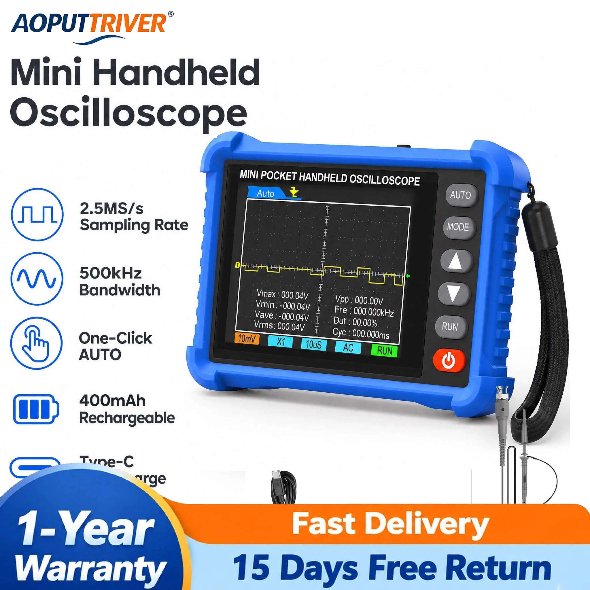 Mini Pocket Handheld Digital Oscilloscope 500kHz 2.5MS/s LCD 400V Auto Trigger Type-C Rechargeable 400mAh Portable Repair Tool