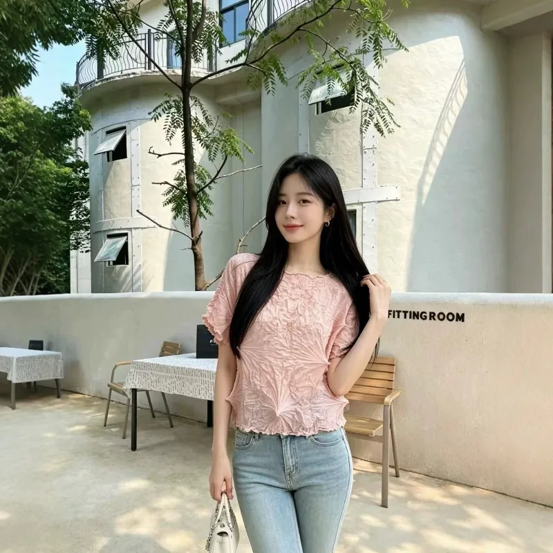 Miyake Original Sea Urchin Pleated T-Shirt 2026 Summer New Solid fold Simple Design Handmade Pleats Top Casual Elegant Versatile