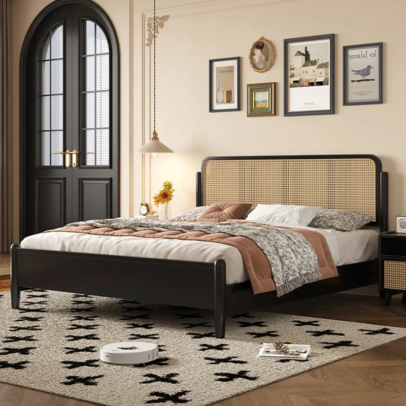 French medieval solid wood bed, double master bedroom rattan bed, bedroom black simple bed