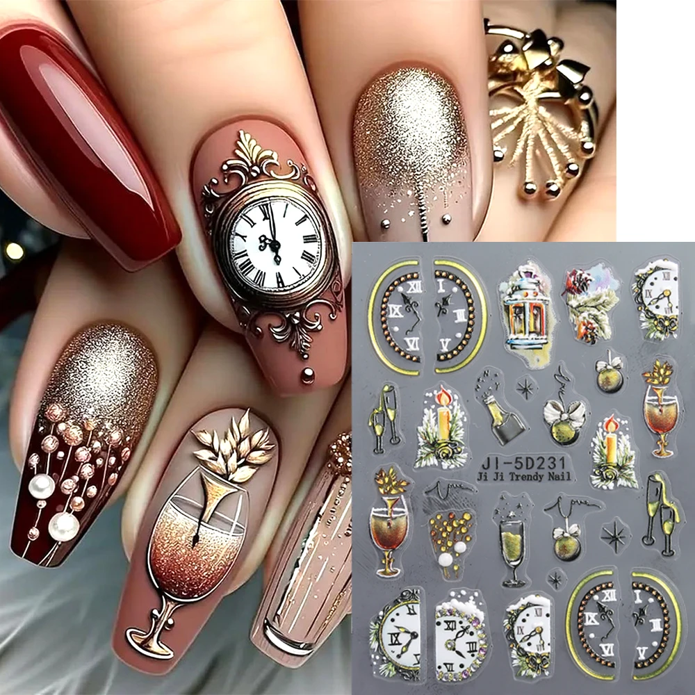 5D Christmas and New Year Nail Stickers – Champagne Glass and Vintage Clock Winter Holiday Nail Art Decals