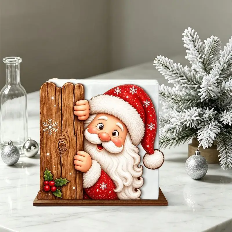 Santa Claus Wooden Napkin Holder Christmas Table Decor Desktop Tissue Storage Rack Xmas Party Dining Room Tabletop Decorations