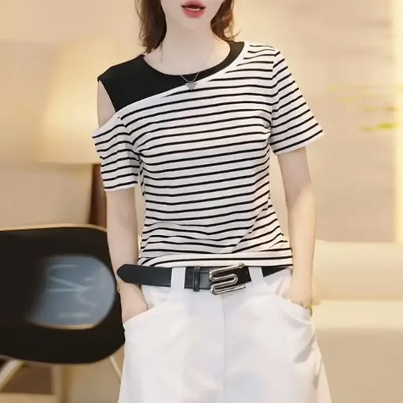 

Striped Asymmetrical Short Sleeve T-Shirt Women Casual Summer Top Slim Fit Office Wear