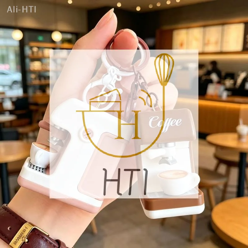 Cute Mini Coffee Machine Keychain Light & Sound Effect Slidable Coffee Handle Simulation Espresso Maker Pendant Bag Gift