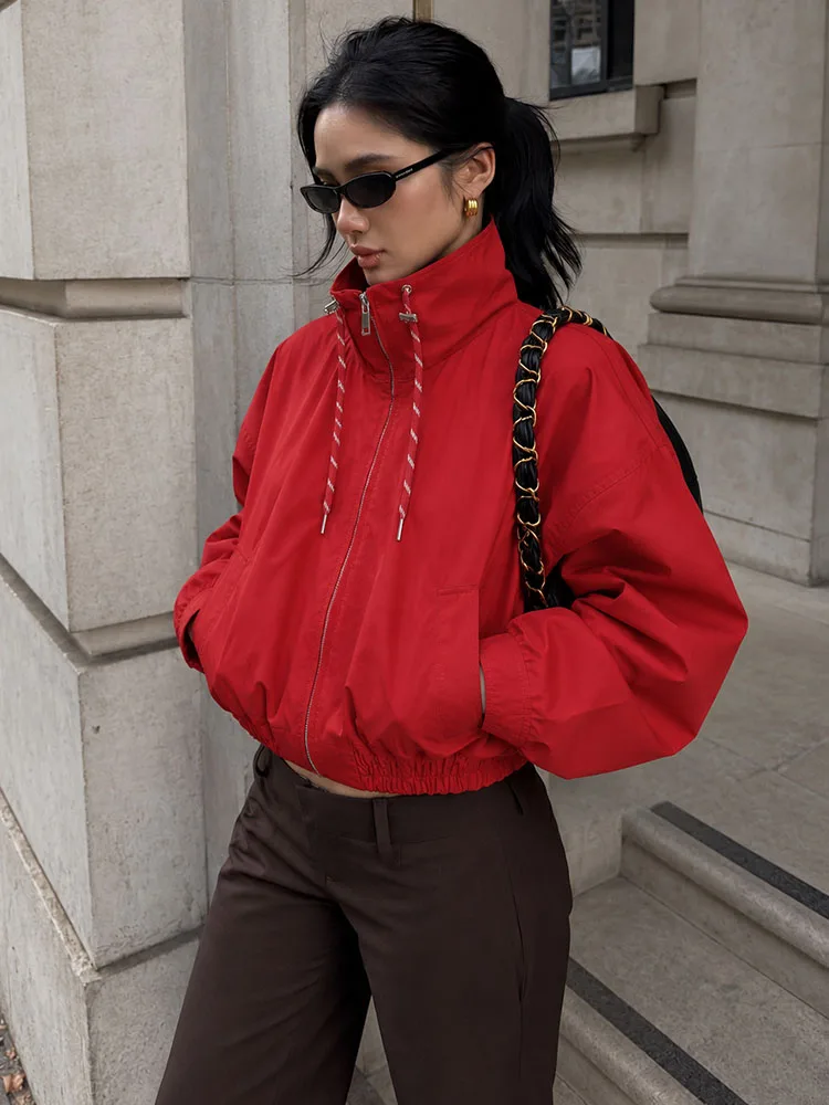 HH Fashion Women Waterproof Cropped Cotton Padded Jacket Autumn Female Stand Collar Zip Up Drawstring Hem Casual Loose Coat