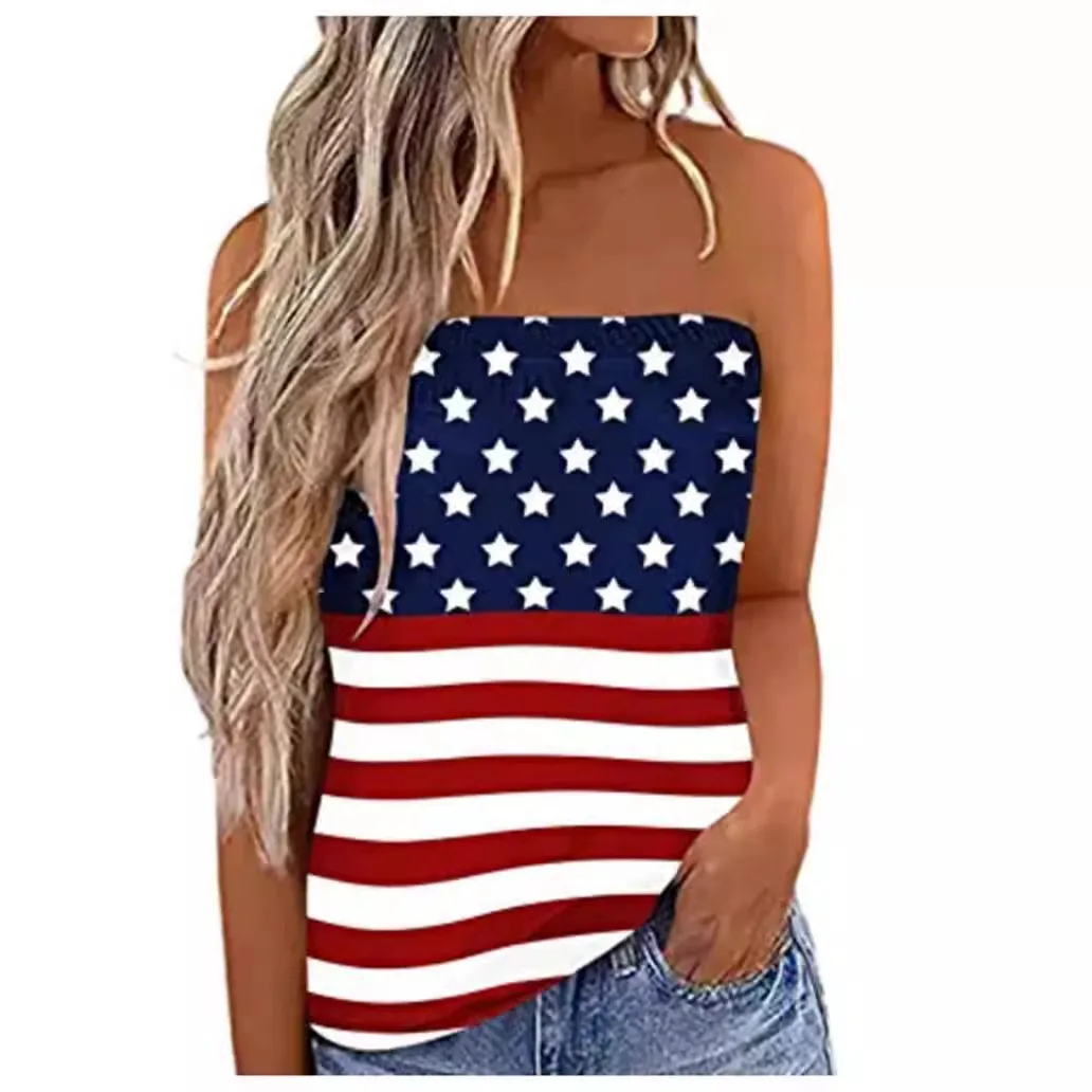 Hot Selling Summer Women's T-shirt Strapless Neck Off-shoulder Sexy Striped Top Casual High Street Hot Girls Sleeveless Tees