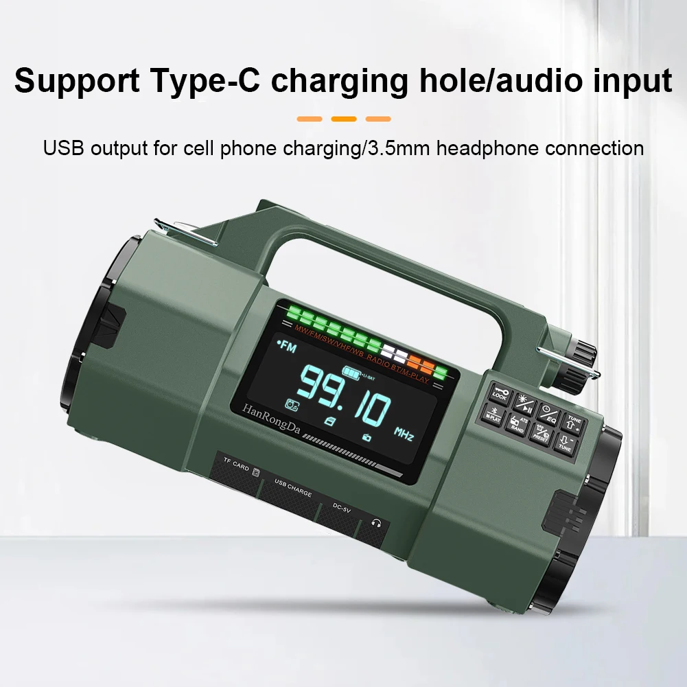 

Радиоприемник с ручным приводом и солнечной батареей FM/MW/SW/VHF/WB с функцией SOS-сигнала, LED-фонариком и Bluetooth-колонкой для дома и экстренных ситуаций
