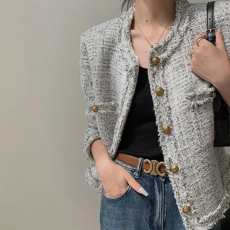 

Autumn Winter Thiened White Du down ort Coat Retro Versatile Name Lady Faion Knitted Coarse Tweed Sli Outerwear