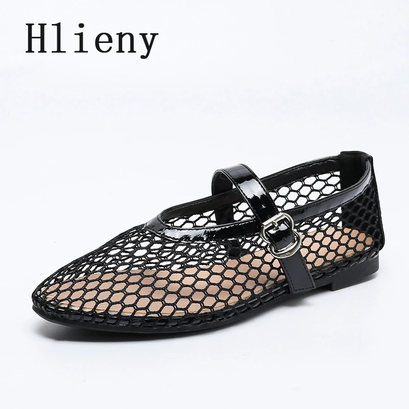 

Hlieny Brand Design Breathable Hollow Out Mesh Ladies Casual Mary Jane Shoes Fashion Round Toe Buckle Strap Loafers Women Flats